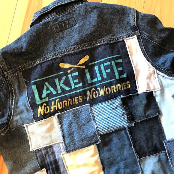 Upcycled Denim Patch Jacket: Lake Life Theme Patchwork Jean Coat, Women’s Large - Picture 4 of 12